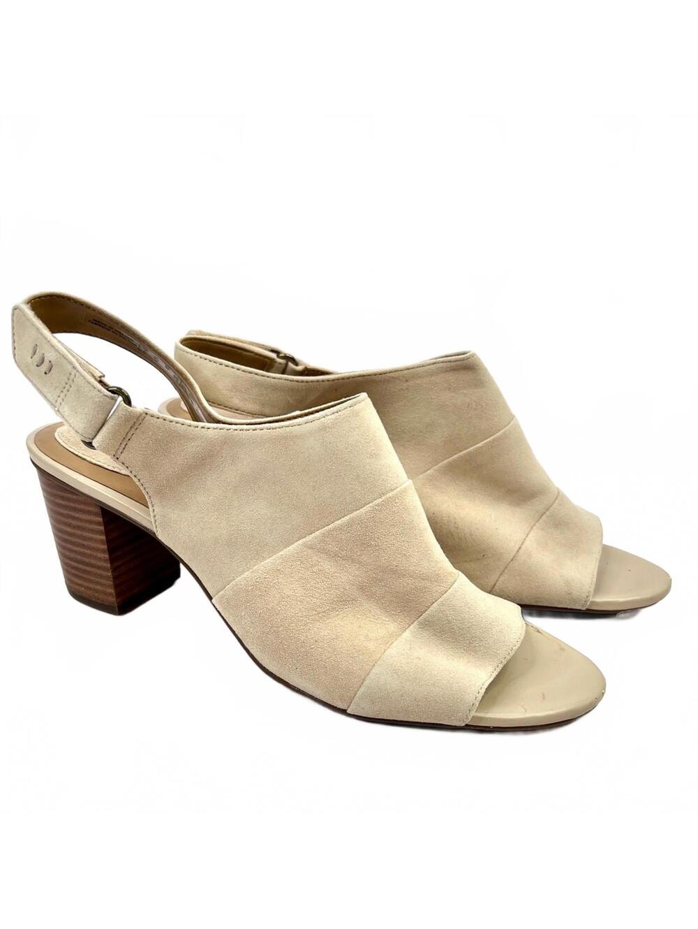 Clarks 9.5M Ralene Shine Sand Suede Slingback Heels Sandals